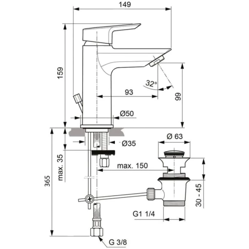 Смеситель для раковины с донным клапаном Ideal Standard Tesi A6557AA