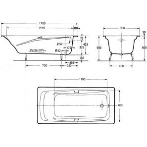 Изображение товара чугунная ванна 170x80 см без противоскользящего покрытия jacob delafon repos e2918-s-00