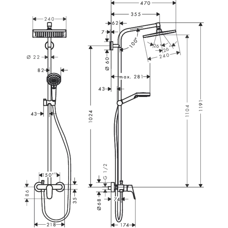 Душевая система Hansgrohe Crometta E 240 1jet Showerpipe 27284000
