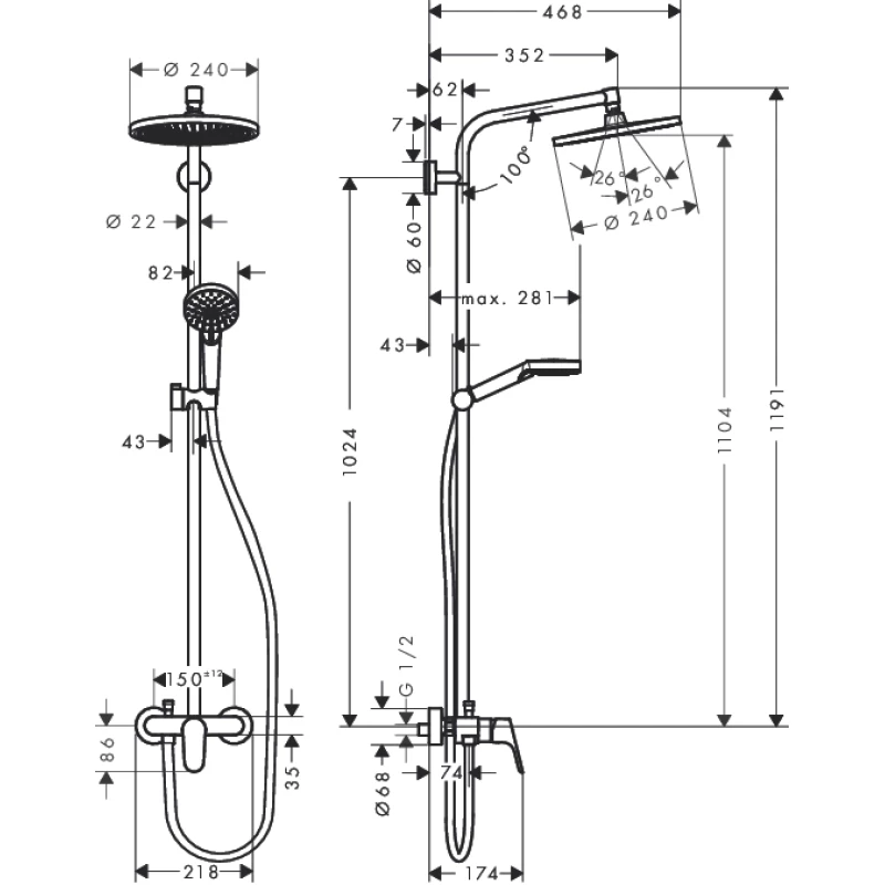Душевая система Hansgrohe Crometta S 240 1jet Showerpipe EcoSmart, 9 л/мин 27269000
