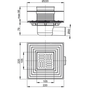 Изображение товара сливной трап 105×105/50 решетка из нержавеющей стали alcaplast apv1324