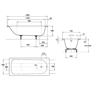 Изображение товара стальная ванна 150x70 см kaldewei eurowa 310-1 standard 