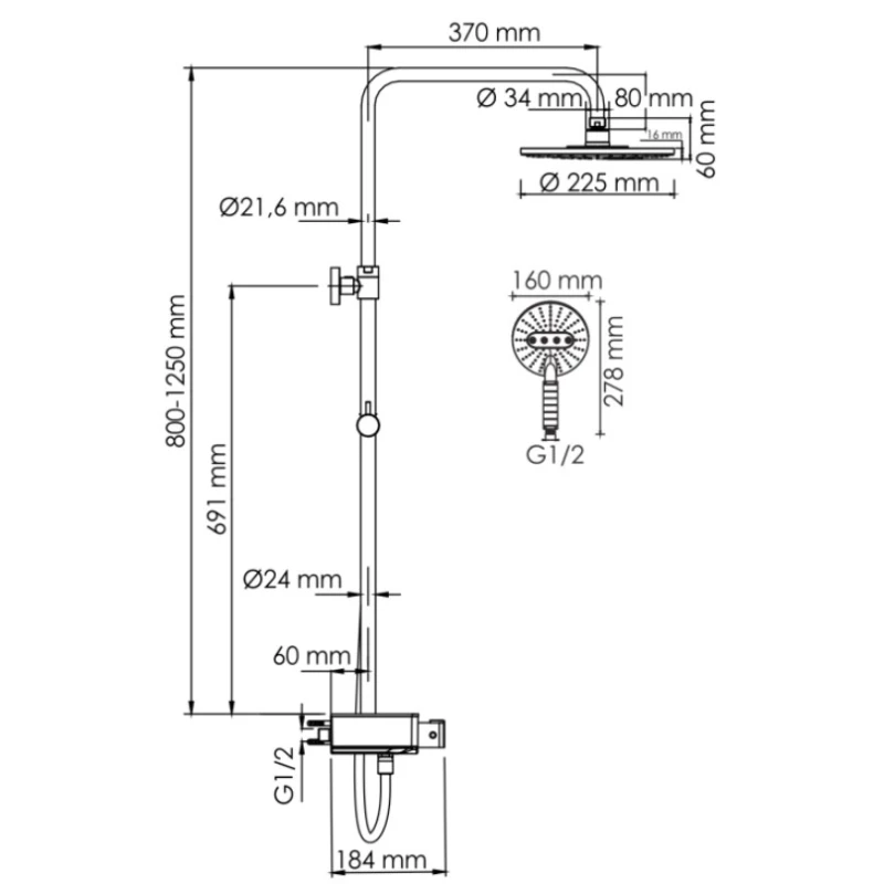 Душевая система 225 мм WasserKRAFT Aller A113.067.059.CH Thermo