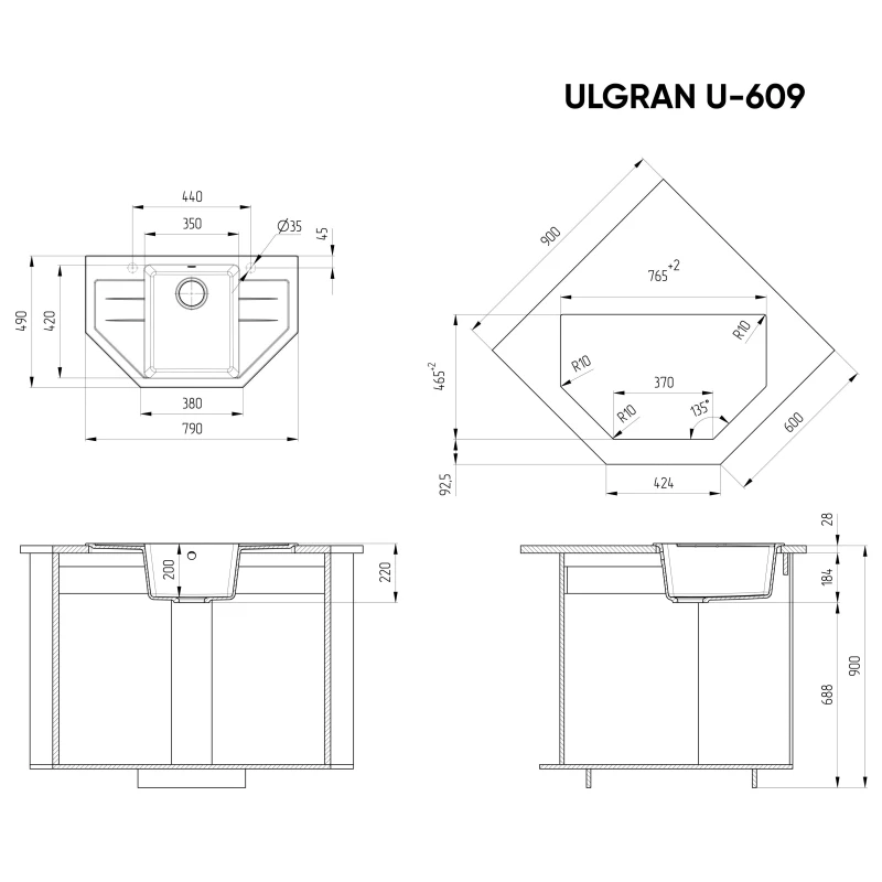 Кухонная мойка Ulgran графит U-609-342