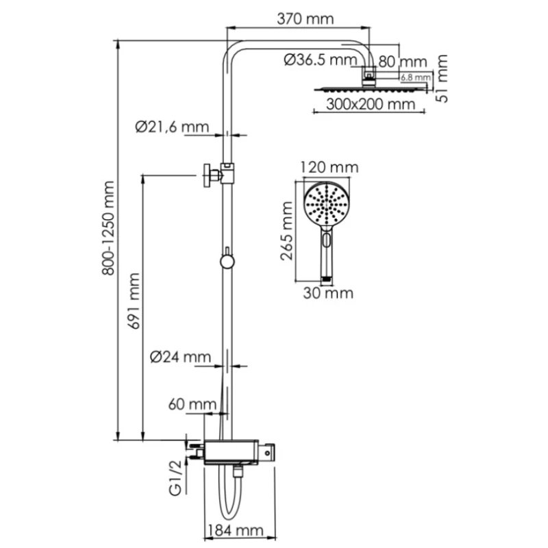 Душевая система 300x200 мм WasserKRAFT Aller A113.069.127.CH Thermo