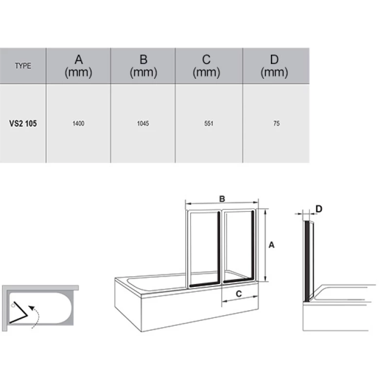 Шторка для ванны складывающаяся двухэлементная Ravak VS2 105 белая+транспарент 796M0100Z1