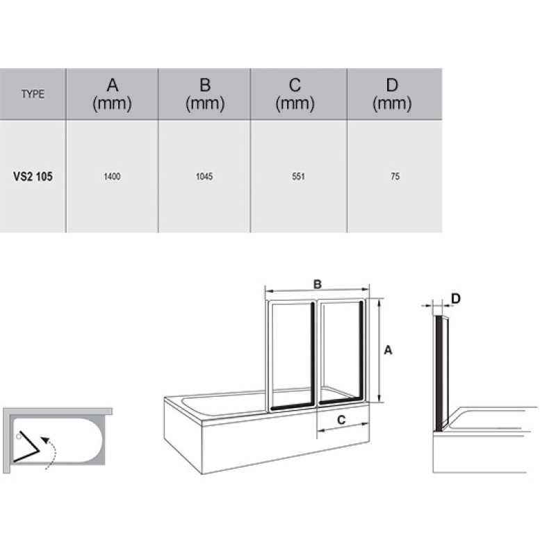 Шторка для ванны складывающаяся двухэлементная Ravak VS2 105 сатин+рейн 796M0U0041