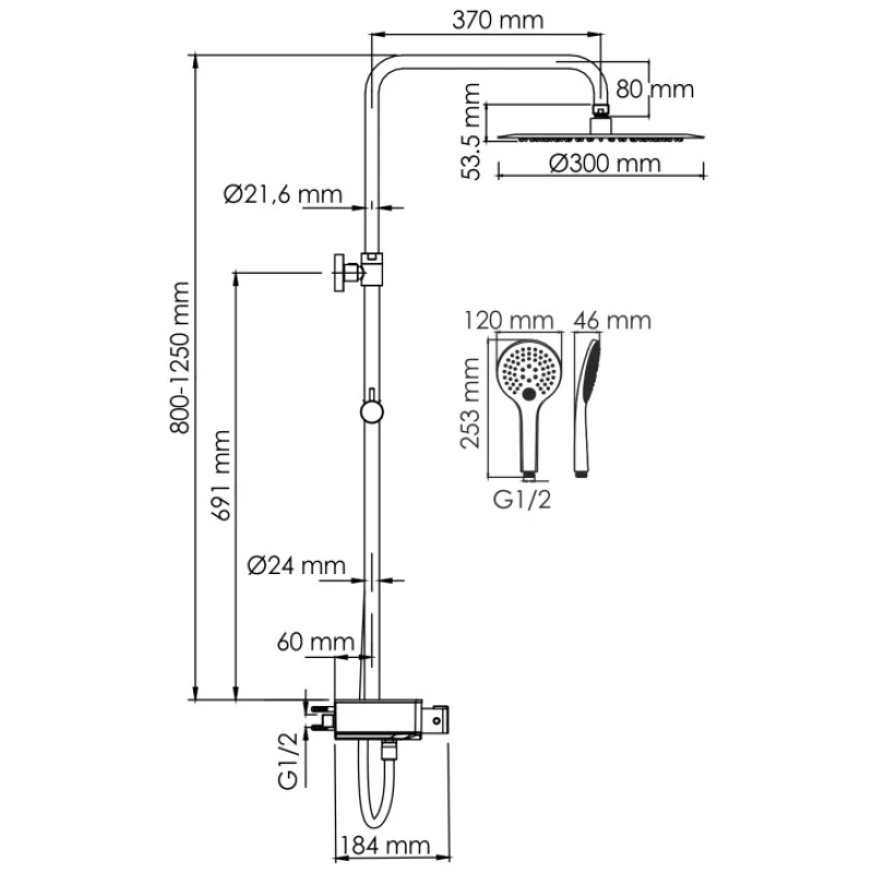 Душевая система 300 мм WasserKRAFT Aller A113.116.155.CH Thermo