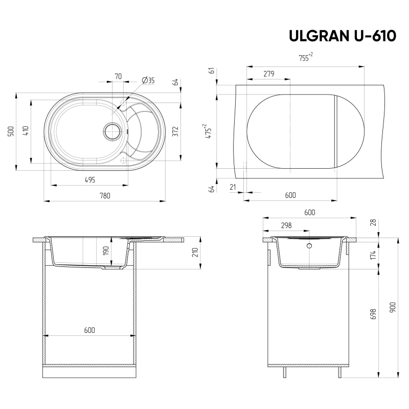 Кухонная мойка Ulgran антрацит U-610-343