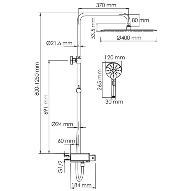 Душевая система 400 мм WasserKRAFT Aller A113.117.127.CH Thermo