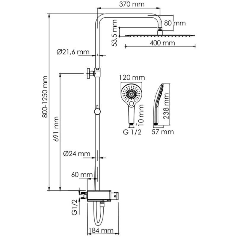 Душевая система 400 мм WasserKRAFT Aller A113.119.101.CH Thermo