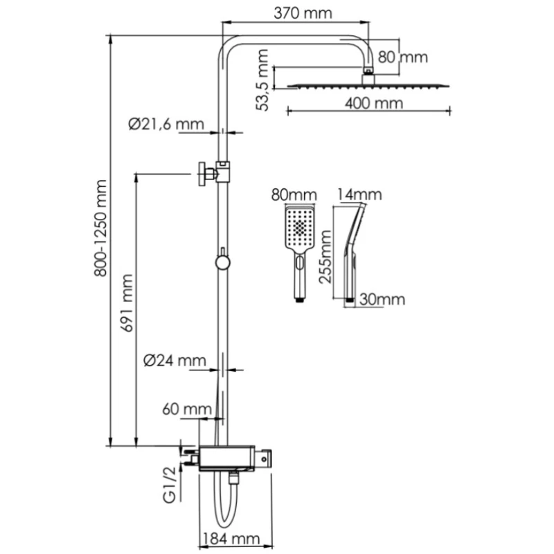 Душевая система 400 мм WasserKRAFT Aller A113.119.126.CH Thermo