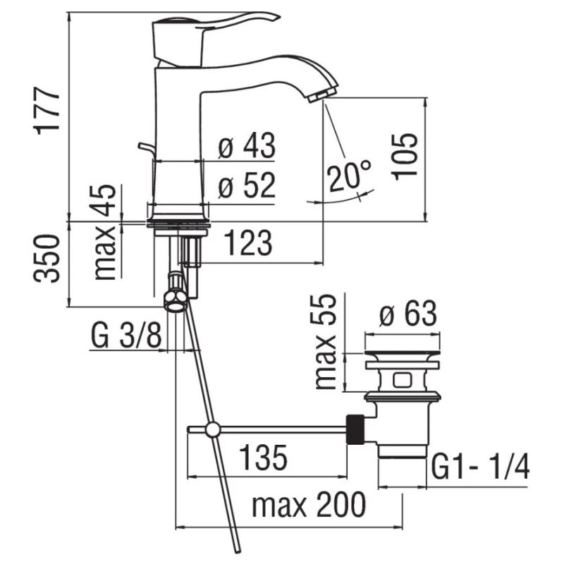 Смеситель для раковины с донным клапаном Nobili Sofi SI98118/1BR