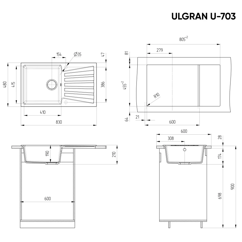 Кухонная мойка Ulgran шоколад U-703-345