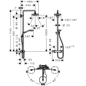 Изображение товара душевая система поворотная с термостатом hansgrohe croma select e 180 2jet showerpipe 27256400